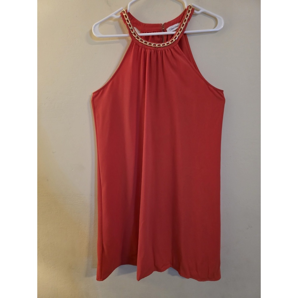 Calvin‎ Klein Coral Halter Dress Gold Chain Neckline Shift Sleeveless Size 10